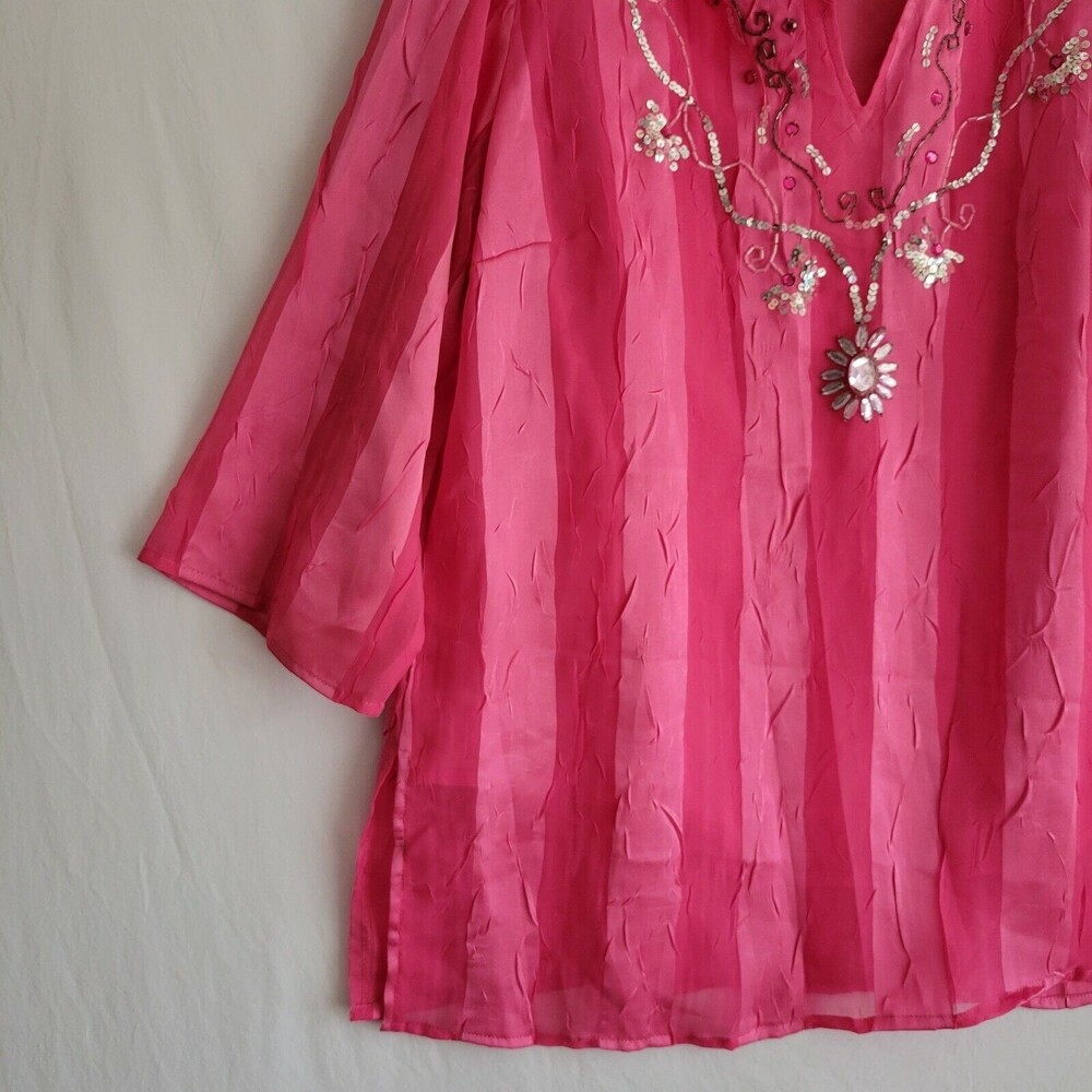 Tantrums Collection Women's Blouse Size Large Pink Beaded Sequin 2 Layers - Picture 5 of 9